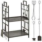 Porte-bûches range bûches étagère à bois de cheminée serviteur de cheminée cerf multi-accessoires 2 étagères dim. 51,5L x 33l x 77H cm métal noir or vieilli