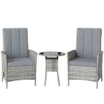 Outsunny Rattan Bistro Set, Reclining Garden Chairs and Glass Coffee Table with Cushions for Patio Balcony Porch, Light Grey