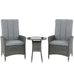 Outsunny Rattan Bistro Set, Reclining Garden Chairs and Glass Coffee Table with Cushions for Patio Balcony Porch, Grey