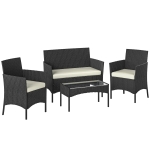 Outsunny Conjunto Muebles Jardín de Ratán Sintético con Sofá Sillones y Mesa de Vidrio Templado y Cojines Negro y Crema