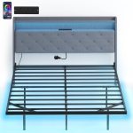 HOMCOM Floating Bed Frame, Upholstered 5ft King Size Bed, Platform Bed with RGB LED Lights and Charging Station, Grey