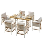 Modernes 7-teiliges Gartenmöbel-Set, weißes Eisengestell mit geflochtenen Armlehnen, 1 Tisch + 6 Stühle, Beige+Naturfarbe