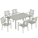 Outsunny Garden Table and Chairs for 6, 7 Pieces Garden Furniture Set with Table, 6 Stackable Chairs and Umbrella Hole Light Grey