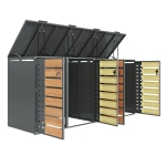 Mülltonnenbox mit 4‑fach Aufbewahrung, rautenförmiger Seitenperforation für Belüftung, 264x80x118,5 cm, Grau+Naturfarbe