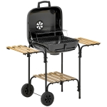Outsunny Houtskoolgrill van staal grillwagen met afsluitbaar deksel grillrooster wielen handgreep houten plank 98 x 54 x 91 cm Zwart