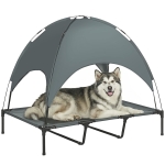 PawHut Lit chien sureleve avec parasol, lit de camp chien chat sur pieds tissu Oxford respirant, anti-UV cadre en métal sac de transport inclus couchage extérieur pour chat 122 x 92 x 108 cm gris noir