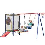 Parque infantil exterior 5 en 1, trampolín con red de seguridad y cremallera, para niños de 3–8 años, 336x217x198 cm, Multicolor