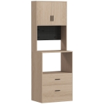 HOMCOM Mobile microonde con 2 cassetti, 2 ante, pannello forato e ganci, Legno naturale