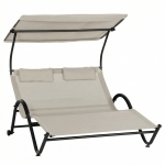 Outsunny Chaise longue bain de soleil transat avec auvent oreiller et roulettes en acier et polyester crème