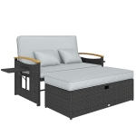 Outsunny Double Garden Rattan Daybed, Wicker Sun Bed Chaise Lounger with Storage Ottoman, 4-Level Adjustable Backrest, Dark Grey