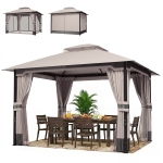 Outsunny Gazebo 3 x 3,6 m avec Moustiquaire, Rideaux, Toit à Double Couche, Kaki