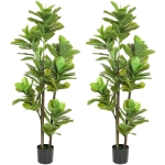 HOMCOM Lot de 2 plantes artificielles intérieures 150 cm, fausse plante à figuier lyre avec pot en ciment, vert
