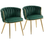 HOMCOM Velvet-Feel Dining Chairs Set of 2, Modern Upholstered Armchair with Knot Design and Golden Metal Legs, Accent Chair for Dining Room, Bedroom, Kitchen, Living Room, Dark Green
