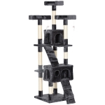 PawHut Albero Tiragraffi per Gatti con 3 Posatoi, 2 Casette e Giochi Appesi, in Legno e Peluche, 49x49x173 cm, Grigio