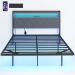 HOMCOM Floating Bed Frame, Upholstered 4ft6 Double Size Bed, Platform Bed with RGB LED Lights and Charging Station, Grey