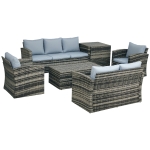 Outsunny 6 Pieces Rattan Garden Furniture Set, 7 Seater Wicker Outdoor Furniture Set with Storage Tea Table & Side Table, Sectional Garden Sofa Set with Cushions, Grey