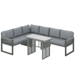 Outsunny 6 Seater Rattan Garden Furniture Set with 3 Loveseats, Table, Patio Rattan Furniture Corner Sofa Set, Grey