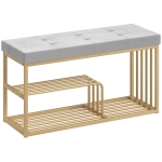 HOMCOM Bench and Shoe Storage, Tufted Shoe Storage Bench with Velvet Seat Cushion Gold Steel Frame for Entryway, Grey