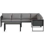 Outsunny Ensemble canapé d'angle de jardin en métal, 3 fauteuils, table effet bois, gris foncé