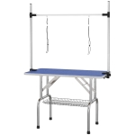 PawHut 42" Dog Grooming Table, Adjustable Pet Cat Drying Beauty Table with 2 Loops Storage Basket, Rubber Top, Blue