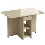 HOMCOM Mesa de comedor plegable para 2-4 personas, mesa con ruedas y compartimento abierto y cajón, ideal para espacios pequeños, natural
