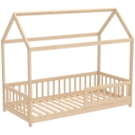 HOMCOM House-Shaped Kids Bed Frame with Guard Rails, Solid Pine Wood Single Bed Frame for Kids Boys and Girls, Natural