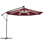 Outsunny 3 m Garden Cantilever Parasol with LED Solar Light, Round Overhanging Umbrella with 360° Rotation, Cover, Wine Red