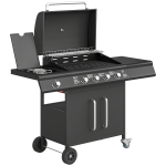 Outsunny 4+1 Burner Gas BBQ Grill with Storage Cabinet, 15.2 kW Gas Barbecue Trolley with Side Table, 4 Wheels, Warming Rack