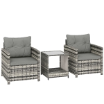 Outsunny Rattan Bistro Set, 3 Piece Garden Furniture Set with 2 Tier Glass Top Table and Cushions, Mixed Grey