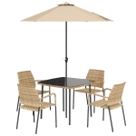 Outsunny 4 Seater Rattan Dining Set with Parasol, 6 Piece Garden Table and Stackable Chairs with Tempered Glass Tabletop