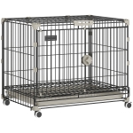 PawHut Jaula para Perro Plegable, Bandeja Extraíble, Ruedas con Frenos, Techo Abatible, Puerta para Alimentación, 60,5x45,5x54,5cm, Negro