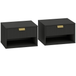 HOMCOM Set of 2 Wall Mounted Nightstands, Floating Bedside Tables with Fluted Drawer and Open Shelf for Small Bedroom, Black