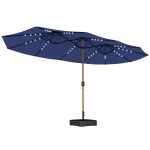 Outsunny Double Sided Garden Parasol with Base Included & 48 Solar LED Lights Patio Umbrella Crank Handle 4.6m Dark Blue