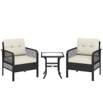Outsunny 3 Pieces Rattan Bistro Set with Glass Top Coffee Table, Chairs and Cushions for Outdoor, Patio, Balcony, Cream