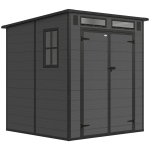 Outsunny 6 x 6 ft Plastic Garden Shed, Wood-Effect Outdoor Storage Shed with Floor, Windows, Lockable Doors and Vents, Dark Grey