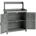 Outsunny Wooden Potting Bench Table with Aluminium Worktop, Outdoor Garden Workbench with Top Shelf and Cabinet Storage