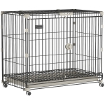 PawHut Jaula Plegable para Perro, Bandeja Extraíble, Ruedas con Freno, Techo Abatible, Puerta para Alimentación, 75,5x46x64,5cm, Negro