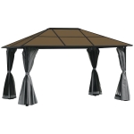 Outsunny Tonnelle pavillon de jardin avec toit rigide polycarbonate imperméable 4 parois latérales anti-UV moustiquaires 4 x 3 m gris foncé et noir