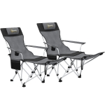 Outsunny Set of 2 Reclining Folding Camping Chair w/ Detachable Footrest, Storage Bag, Cup Holder & Headrest, Lightweight Portable Camp Chair for Beach, Picnic, Grey and Black