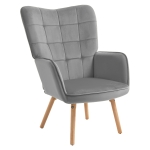 HOMCOM Modern Accent Chair, Upholstered High Back Armchair with Tufted Wingback, Seat Padding, Velvet Leisure Lounge Bedroom Chair with Wood Legs, Grey