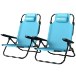 Outsunny Lot de 2 Chaises de Plage Pliable à 5 Positions avec Dossier, Appui-tête et Accoudoirs, 63x75x80cm, Bleu Clair