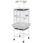 PawHut Cage oiseaux, voliere oiseaux à roulettes avec support, plateau coulissant, perchoir en bois, 62,5x62,5x156cm, blanc