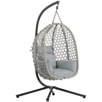 Outsunny Hanging Egg Chair, Indoor Outdoor Rattan Hammock Swing Chair with Stand, Safety Strap, Foldable Basket, Light Grey