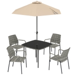 Outsunny 4 Seater Rattan Dining Set with Parasol, 6 Piece Garden Table and Stackable Chairs with Tempered Glass Tabletop