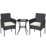 Outsunny 3 Piece Rattan Bistro Set, PE Wicker Garden Furniture Conversation Set with 2 Tier Glass-Top Table, Chairs, Cream White