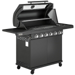 Outsunny 6+1 Burner Gas BBQ Grill, Outdoor Barbecue Trolley with Wheels, Warming Rack, Thermometer, Bottle Opener, Black