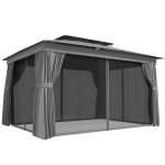 Outsunny Pavillon 3,8x3m Wasserabweisend Stabil Winterfest Gartenpavillon mit Doppeldach Vorhänge Moskitonetz Haken Dunkelgrau