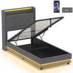 HOMCOM 3ft Single Bed Frame with Headboard, Platform Bed Frame with Hydraulic Storage, LED Lights and Charging Station, Grey