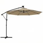 Outsunny 3 m Garden Cantilever Parasol with LED Solar Light, Round Overhanging Umbrella with 360° Rotation, Cover, Khaki