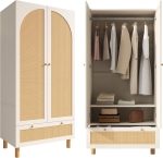 Kleiderschrank, 2-türig mit Rattan-Front, große Schublade, höhenverstellbare Regale und Kleiderstange, 85,5 x 52 x1 80,5 cm, Weiß